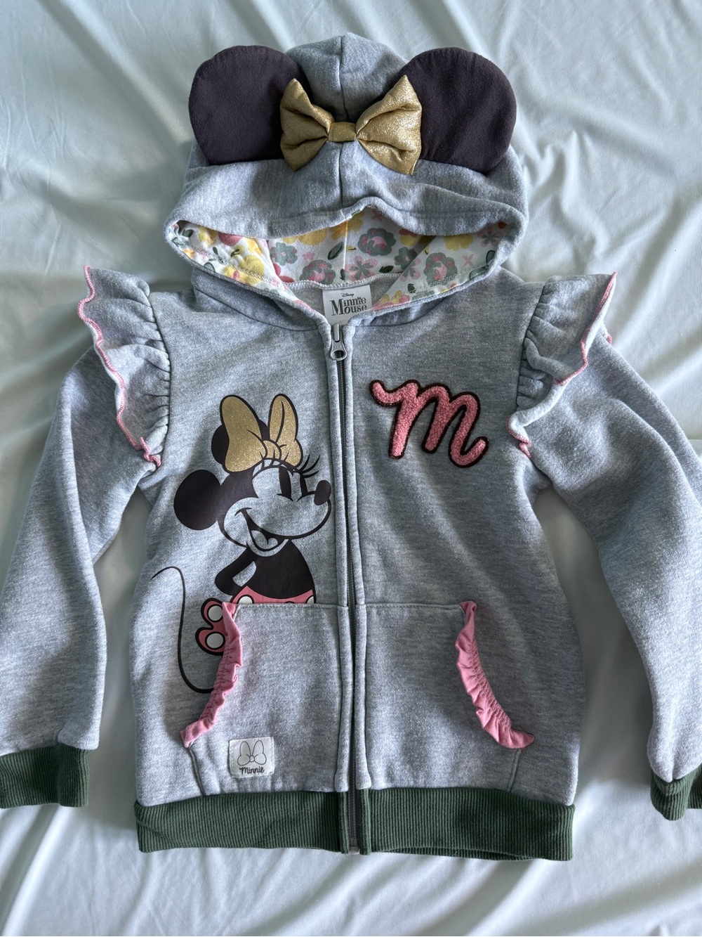 Disney Minnie Mouse Gray Hooded Zip Sweatshirt with Pink & Gold Accents